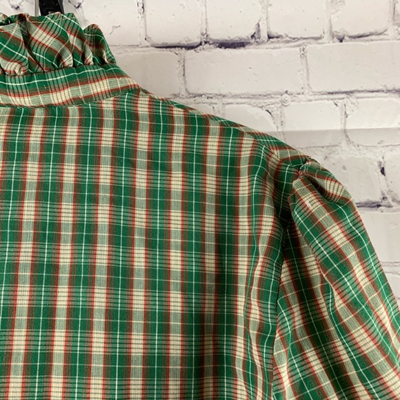 VINTAGE Blouse Button Down w/ Puff Sleeves & Ruffle Style Collar Red & Green - Picture 7 of 7